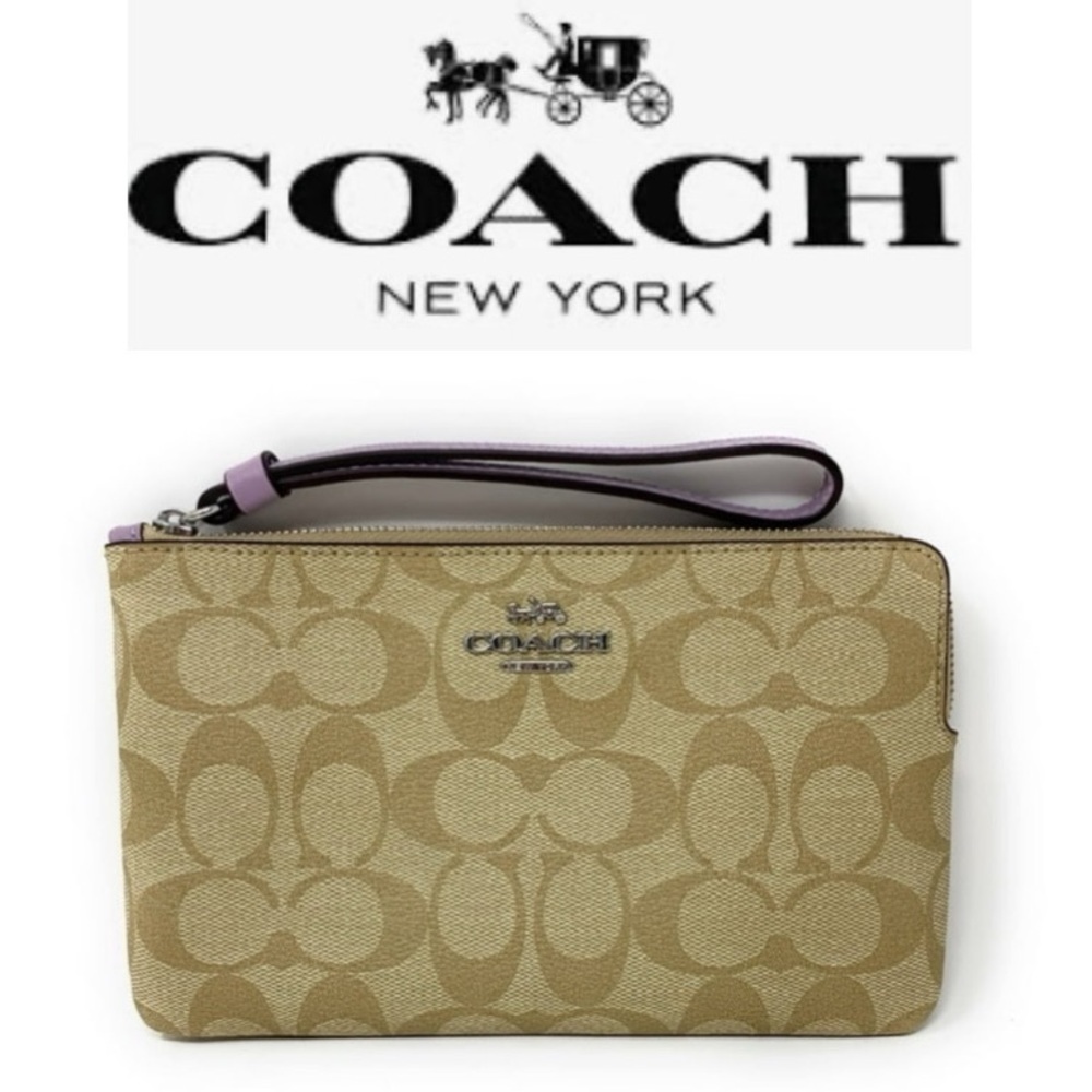 Coach Women's Large Corner Zip Wristlet In Signature Canvas (Khaki /Soft Lilac)